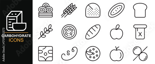 Outline style carbohydrate icons collection with bread, pasta, rice, fruit, and bakery foods