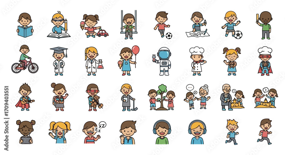 Obraz premium Flat lay illustration of diverse children engaged in various activities, showcasing a cheerful and playful mood against a white background.