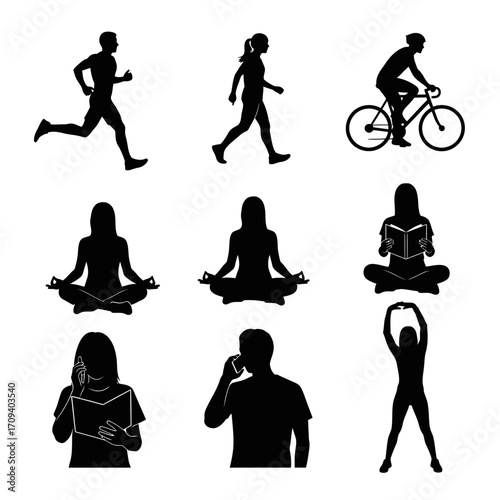 Nine black silhouettes of people exercising, reading, and relaxing against a white background, showcasing various activities in a minimalist flat-lay style, conveying a