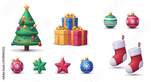 Flat lay of colorful Christmas decorations including a tree, presents, ornaments, and stockings against a white background, showcasing a festive holiday mood.