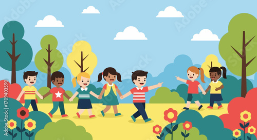 Illustration of diverse group of children holding hands, walking together in a sunny park with bright, cheerful colors, flat design style, vector.