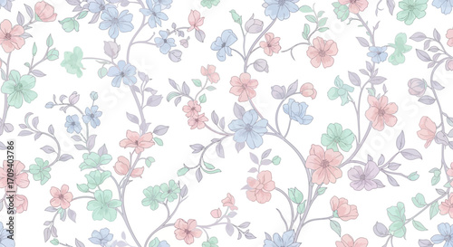 Pastel floral seamless pattern with delicate flowers and branches on white background, illustrated in a soft, romantic style.
