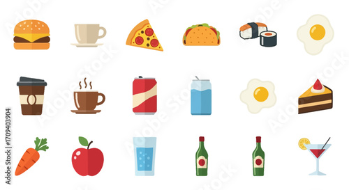 Flat lay of various colorful food icons including burger, pizza, sushi, coffee, and drinks against a white background, showcasing a diverse food selection.