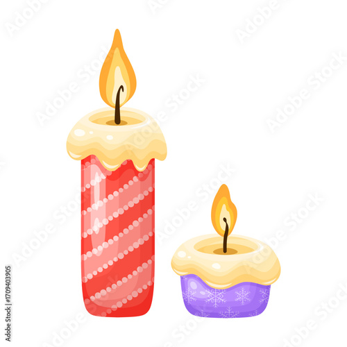 Two festive candles with glowing flames. perfect for holiday and winter designs.