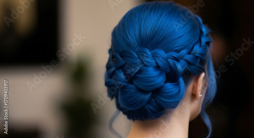 Elegant braided bun hairstyle with vibrant blue hair.
