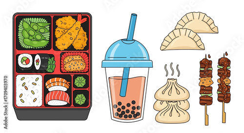 Flat lay illustration of assorted Asian cuisine: bento box, boba tea, dumplings, and yakitori skewers, against a white background with a vibrant and appetizing color