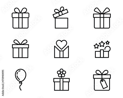 Collection of nine black line art gift icons and balloon gift box present