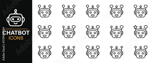 Modern AI chatbot icons collection with robot faces and customer service symbols