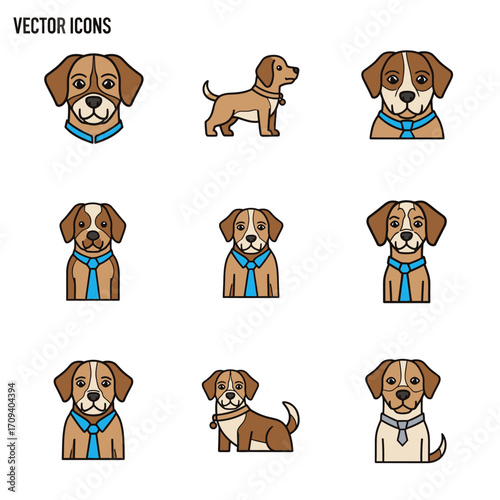 Nine vector icons of brown and white beagles wearing ties, shown in various poses against a white background; a flat, simple graphic style with a clean and friendly mood.