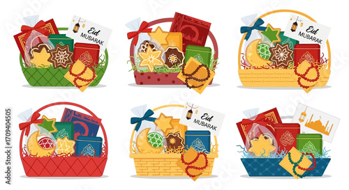 Six flat lay illustrations of Eid gift baskets containing sweets, books, and crescent moon decorations against a white background, showcasing a festive and colorful