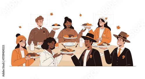 Flat-lay illustration of a diverse group of friends enjoying a Thanksgiving meal together, sharing plates of food, with warm autumnal colors against a white background.
