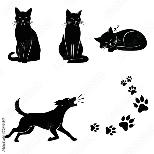 Flat lay illustration of three black cats sitting and one sleeping, plus a barking dog and paw prints against a white background, conveying a playful mood.