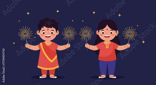 A cheerful flat design illustration showing two children safely enjoying the festive glow of sparklers during Diwali celebrations. This vector image conveys the joy and excitement of the festival.