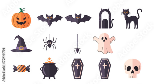 Flat lay illustration of Halloween icons: pumpkin, bats, cat, witch hat, spider, ghost, cauldron, candy, and coffins against a white background, featuring a dark and