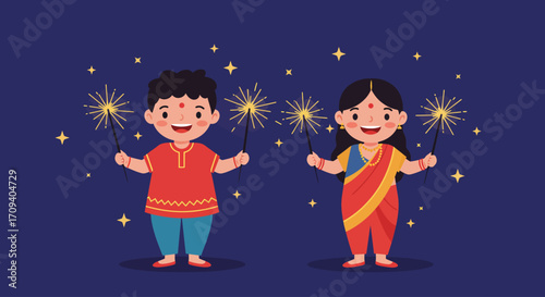 A cheerful flat design illustration showing two children safely enjoying the festive glow of sparklers during Diwali celebrations. This vector image conveys the joy and excitement of the festival.