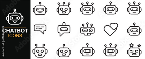 Creative chatbot icons pack including robot head, conversation, and support designs