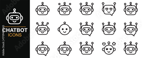 Minimal chatbot symbol set featuring robot face, AI technology, and speech bubbles