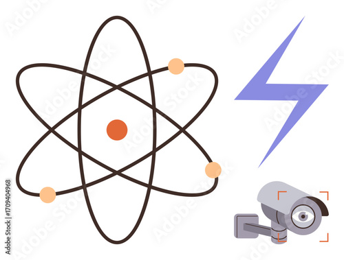 Atom model with orbits and electrons, a security camera with focus marks, and a lightning bolt. Ideal for science, energy research, security systems, physics, innovation, surveillance and modern