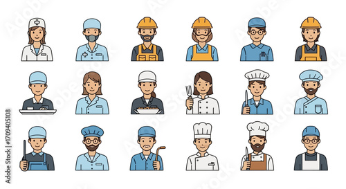Flat-lay illustration of diverse professional avatars, showcasing various occupations against a white background with a clean, minimalist style and a calm, neutral color