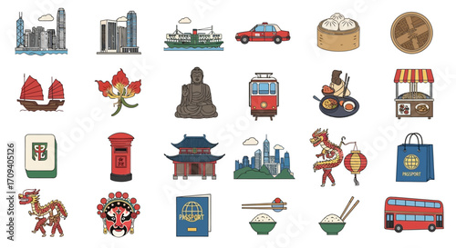 Flat lay illustration of Hong Kong landmarks and cultural icons against a white background, showcasing vibrant colors and a detailed style.