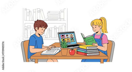 Two children, a boy and a girl, participate in an online class via laptop, reading books and studying together at a wooden desk in a library setting, illustrated in a
