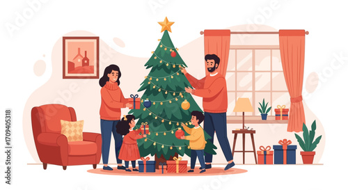 Happy family decorating a Christmas tree together in their living room, flat illustration style with warm colors and festive mood.