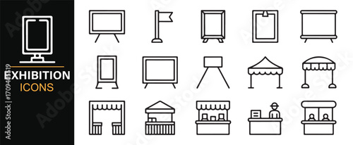 Vector icon set of exhibition essentials including signage, billboard, kiosk, and pavilion