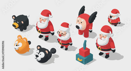 Isometric illustration of diverse Christmas characters including Santa Claus and cartoon bears,  arranged in a flat lay composition against a light gray background,