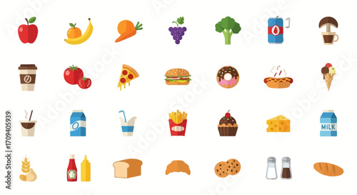 Flat lay of various colorful food icons against a white background, showcasing a diverse selection of fruits, vegetables, and fast food items, in a bright and cheerful