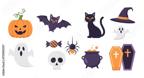 Flat lay of Halloween icons: pumpkin, bat, black cat, witch hat, ghosts, candy, spider, skull, cauldron, and coffins;  vibrant orange and black color scheme against a