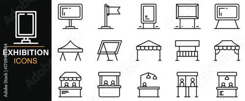 Creative line art icon pack of trade fair, expo stands, and advertising displays