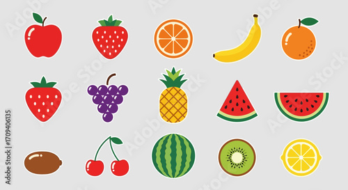 Flat lay illustration of assorted fruits including apple, banana, strawberry, orange, kiwi, watermelon, grapes, pineapple and cherry, against a light gray background, in