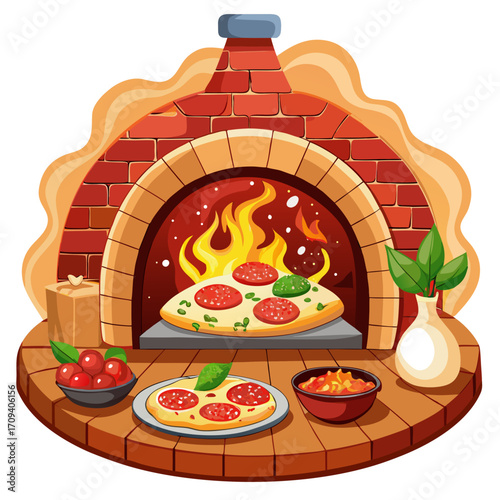 A tempting vector illustration of a vibrant, brick-built pizza oven, its interior ablaze with fiery flames as a delectable pizza bakes to perfection.