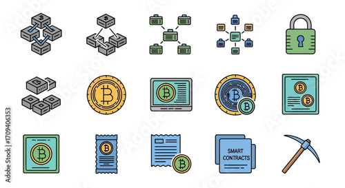 Flat lay of colorful Bitcoin cryptocurrency icons and blockchain network illustrations against a white background, depicting digital currency concepts in a modern, clean