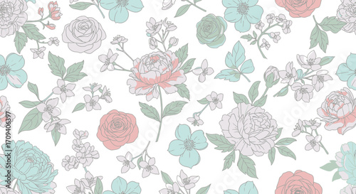 Soft pastel floral pattern seamless design with delicate roses, peonies, and jasmine flowers in a flat lay style against a white background, conveying a serene and