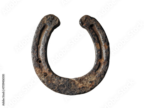 Aged metal horseshoe with textured surface and nail holes rusty