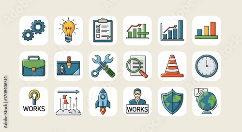 Flat lay of colorful business icons depicting planning, growth, and teamwork against a beige background, conveying a productive and organized mood.