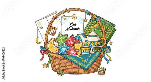 Flat lay illustration of an Eid Mubarak gift basket containing cookies, tea set, prayer mat, and cards against a white background, showing vibrant colors and festive