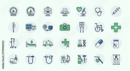 Flat lay of medical icons depicting healthcare services, showcasing various medical equipment and symbols against a light teal background with a calm and informative