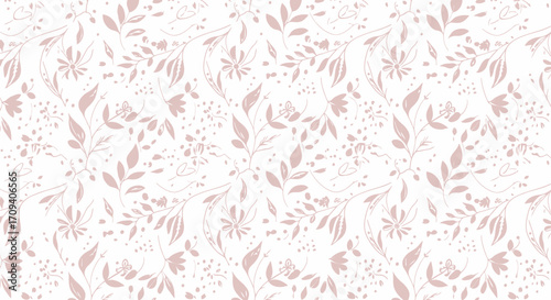 Soft pink floral pattern, delicate hand-drawn leaves and flowers on white background, seamless repeat textile design, subtle romantic style, flat lay.