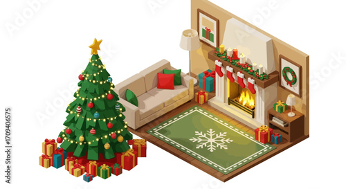 Isometric illustration of a decorated Christmas living room with a tree, fireplace, gifts, and warm lighting against a white background.