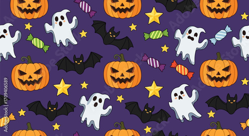 Halloween seamless pattern featuring pumpkins, ghosts, bats, candy, and stars on a dark purple background in a flat lay style with a spooky and playful mood.