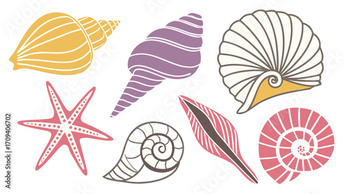 Colorful assortment of stylized seashells and starfish