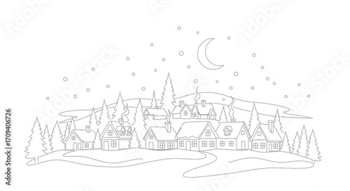 Line art illustration of a snowy winter village at night under a crescent moon, featuring houses, trees, and falling snow against a white background, in a peaceful