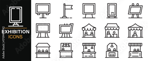 Outline style trade fair booth and kiosk icons set for marketing and promotion visuals