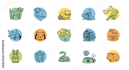 Flat lay illustration of various colorful pet icons including dog, cat, fish, bird, hamster, rabbit, turtle, snake, and their accessories against a white background,
