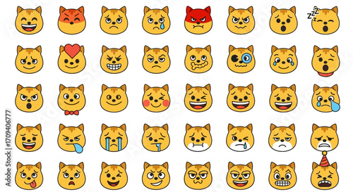 Flat lay of thirty-six diverse cat emoji icons displaying a range of emotions, against a white background in a cheerful, playful style.