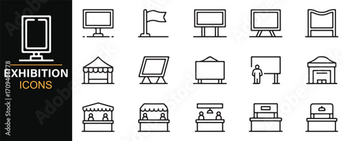 Minimal line exhibition icons collection with booth, signage, and display symbols for trade show design