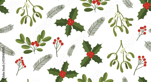 Christmas seamless pattern featuring holly berries, mistletoe, and feathers against a white background; flat lay style with a festive red and green color scheme.