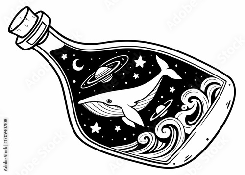 Cosmic whale in a bottle surrounded by stars and planets
